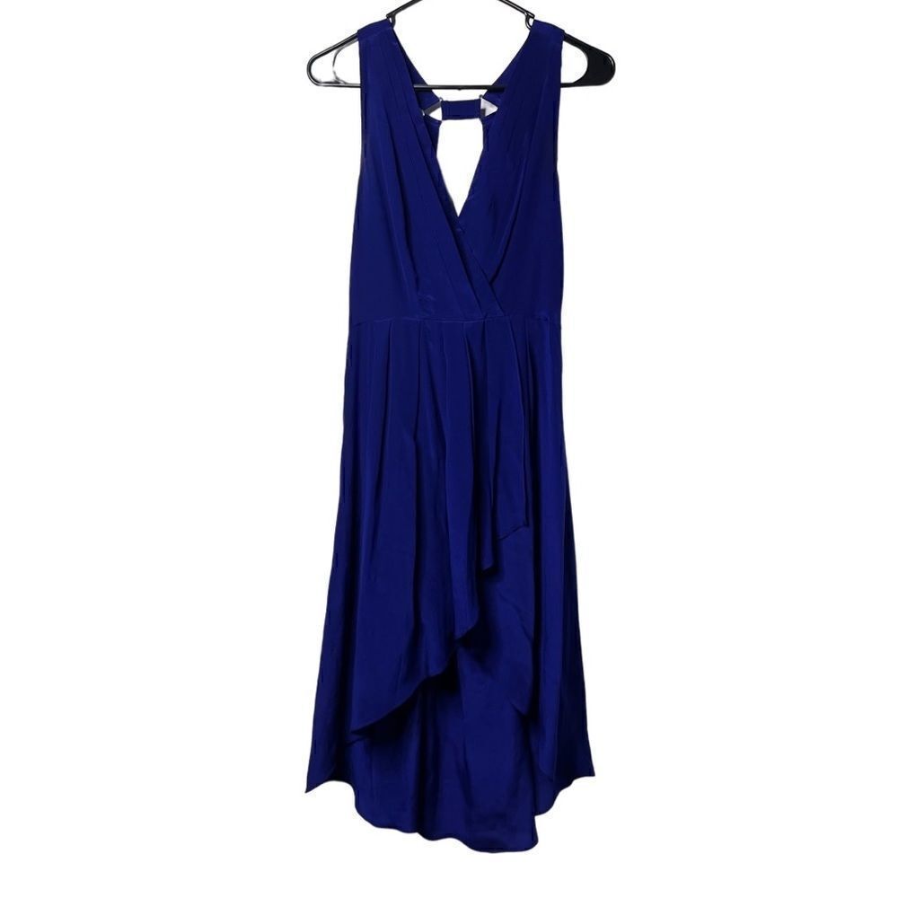 Aryn K. SILK High Low Pleated V Neck Mini Dress Blue Size Medium